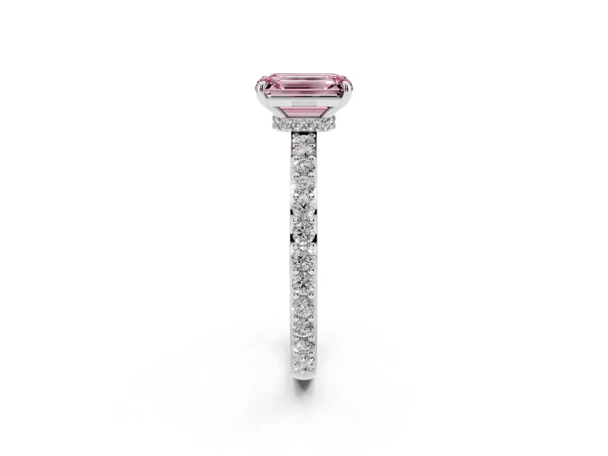 Fancy Pink Emerald Cut Diamond Pavé Engagement Ring with Round Accents and Prong Setting White gold