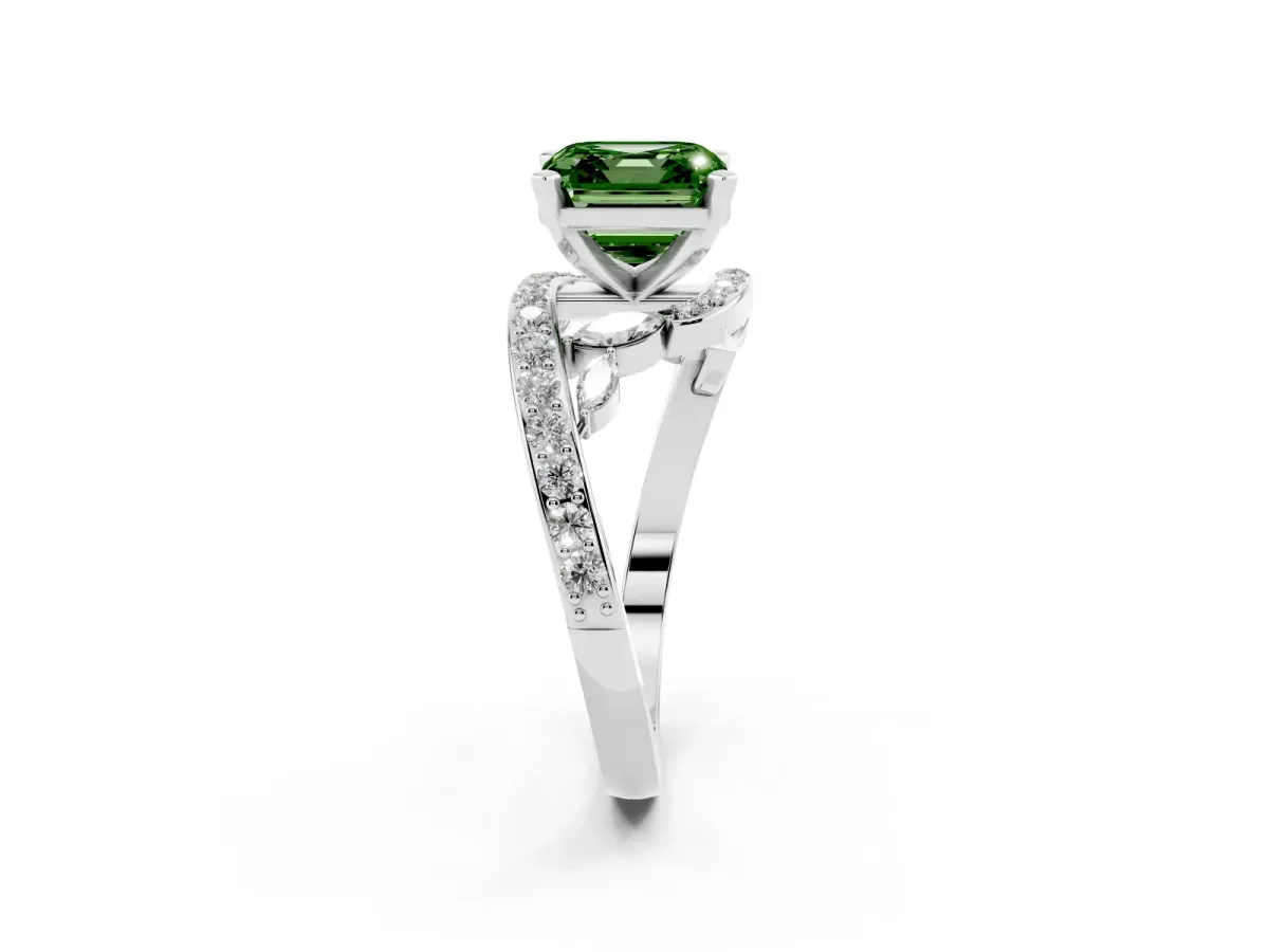 Fancy Green Asscher Cut Solitaire with Pavé Twist Band and Four-Prong Setting Silver