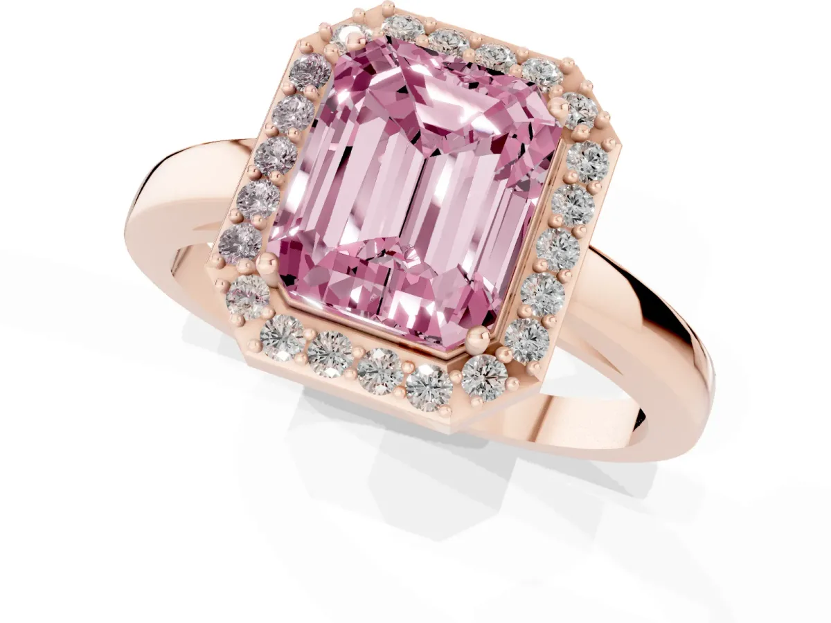 Fancy Pink Radiant Cut Halo Diamond Ring with Solitaire Band and Prong Setting Rose gold