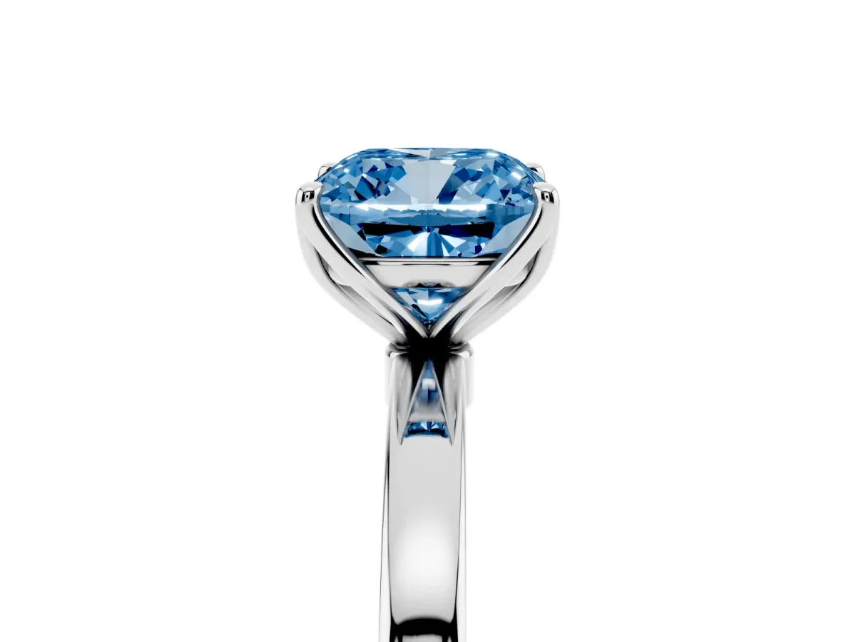 Fancy Blue Cushion Cut Diamond Solitaire Ring with Thin Band and Prong Setting Platinum