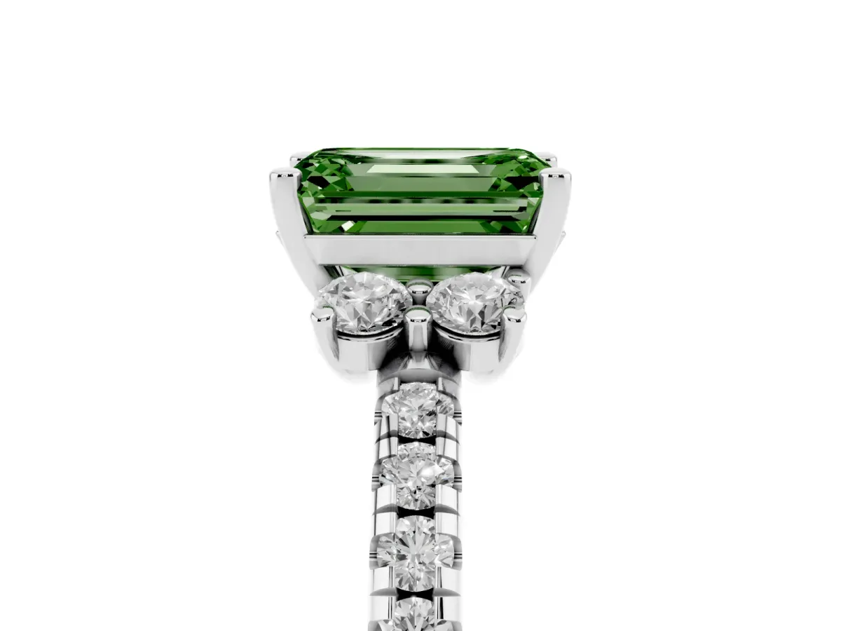 Fancy Green Emerald Cut Diamond Three-Stone Pave Band with Four-Prong Setting Silver