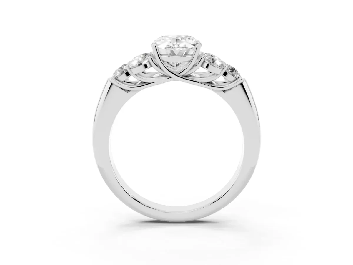 Oval Cut Cut Diamond Cluster Ring with Round Accent Stones and Prong Setting on a Classic Band White gold