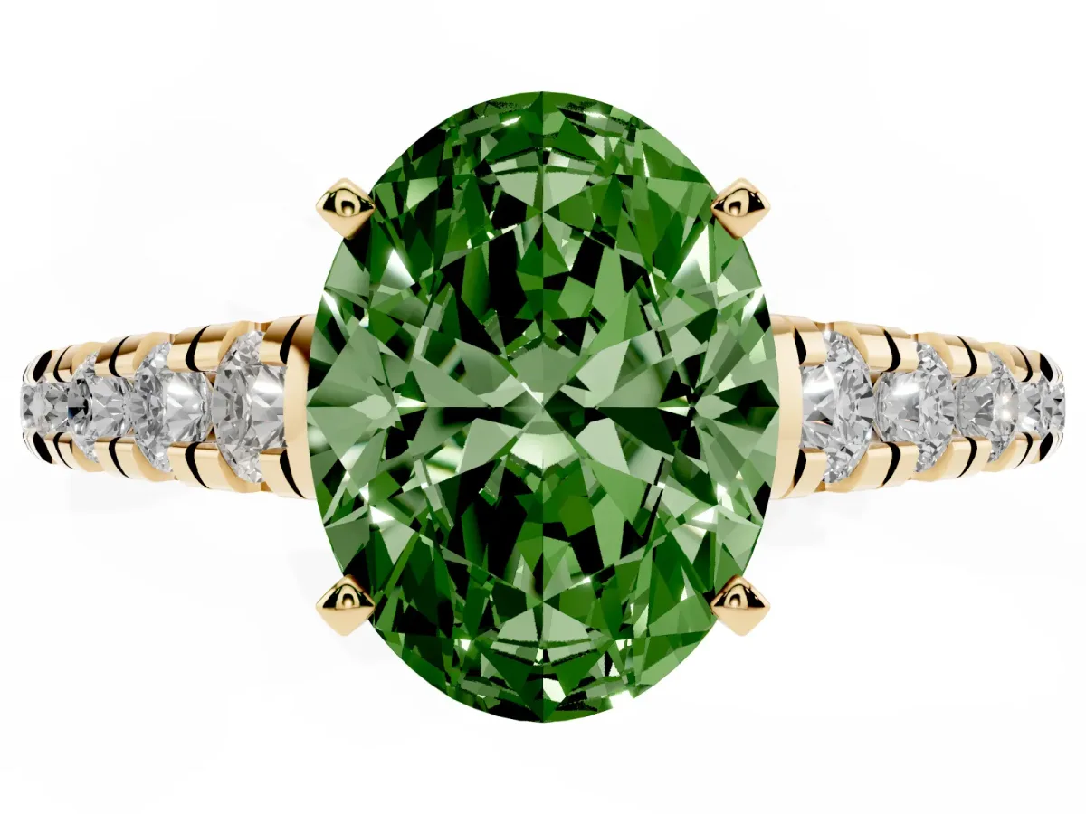 Fancy Green Oval Cut Diamond Cathedral Solitaire Ring with Round Pavé Band Yellow gold