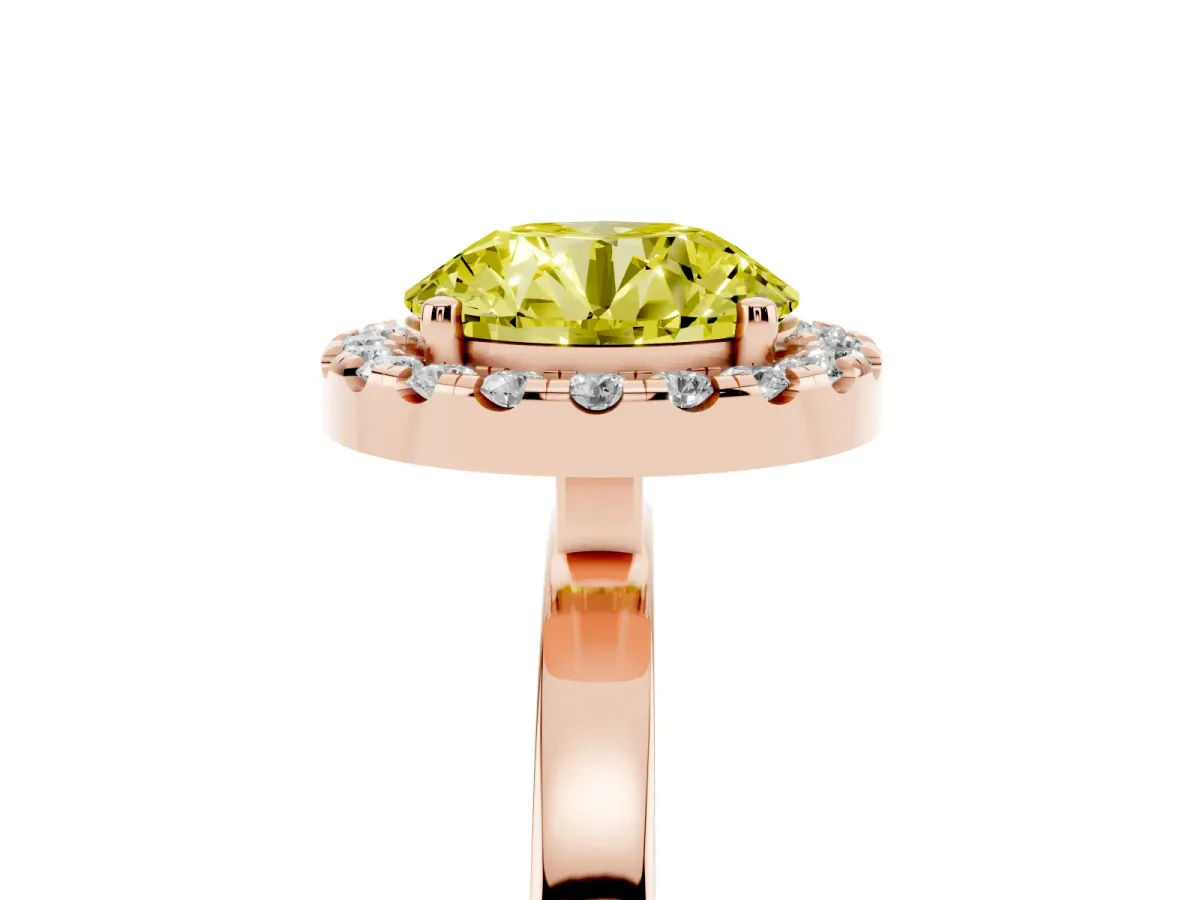 Fancy Yellow Round Cut Halo Diamond Solitaire with Pavé Band and Four-Prong Setting Rose gold