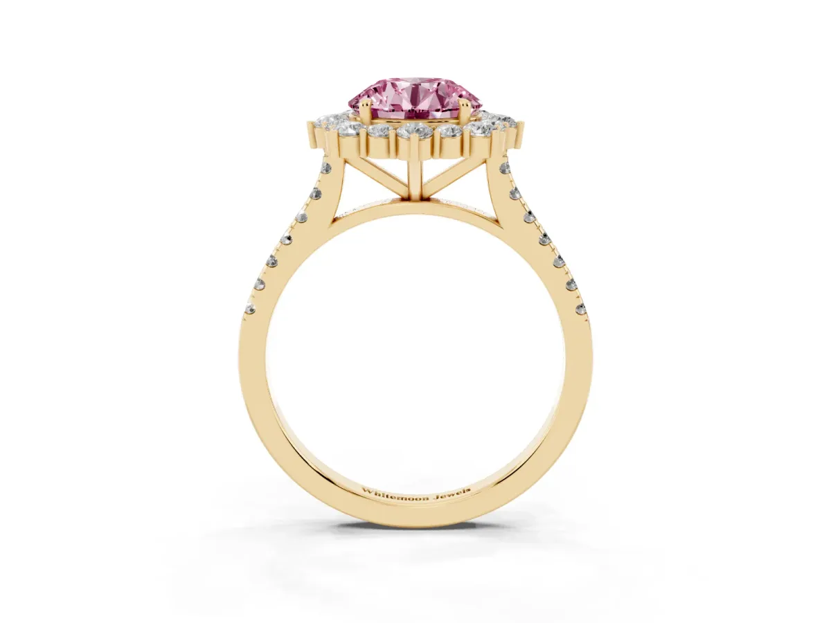 Fancy Pink Round Cut Halo Diamond Ring with Pavé Band and Prong Setting Yellow gold