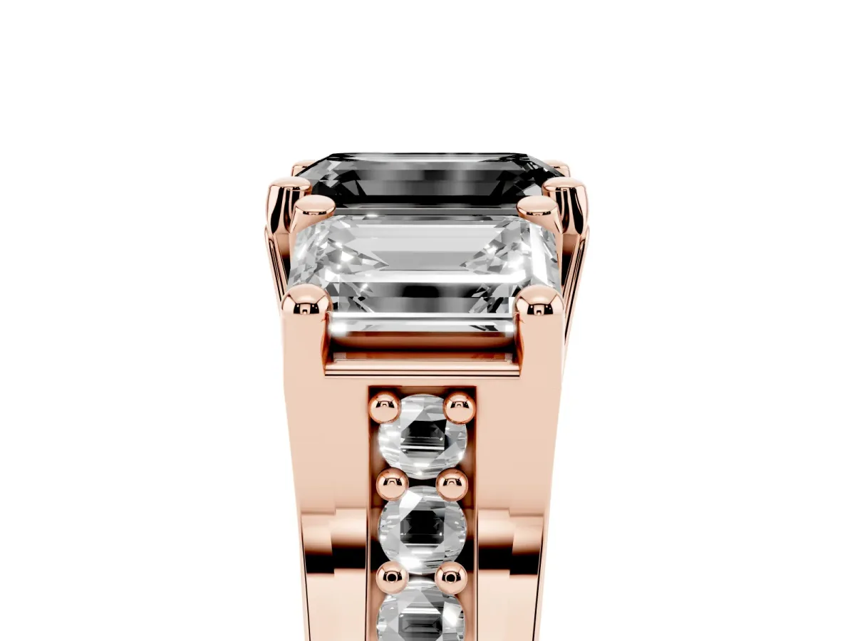 Fancy Black Emerald Cut Diamond Three-Stone Ring with Channel Set Band and Four-Prong Setting Rose gold