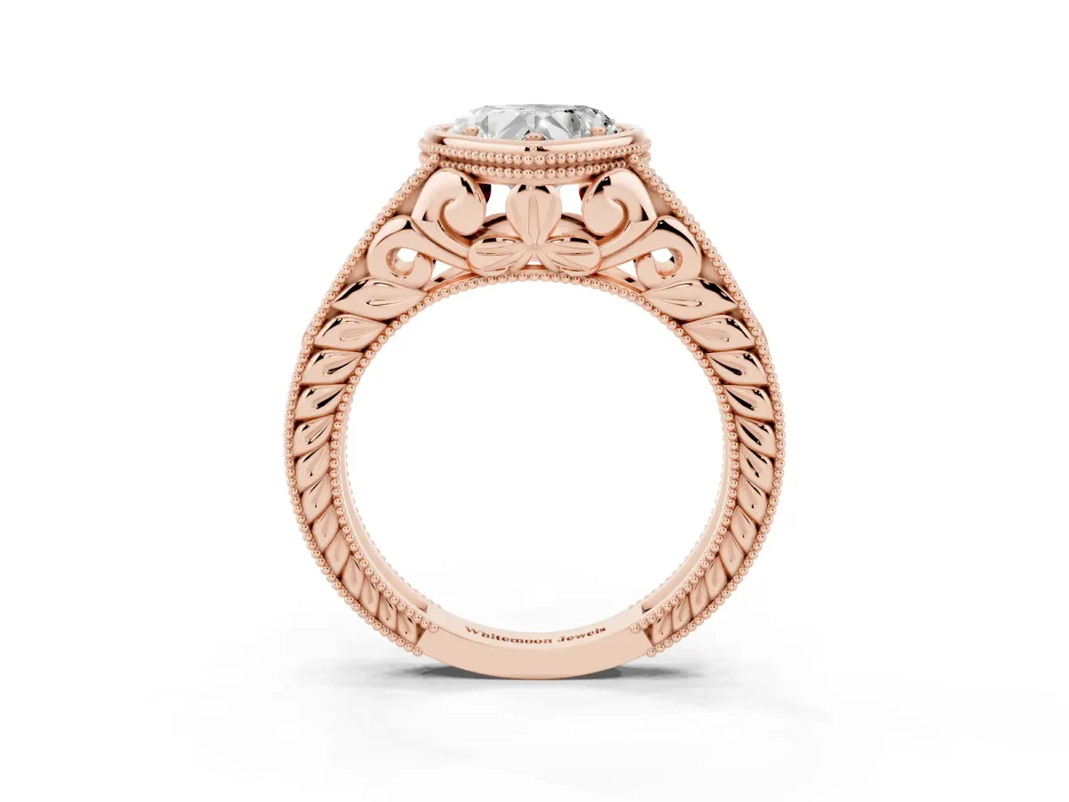 Bezel Set Heart Cut Diamond Milgrain Pave Engagement Ring Rose gold