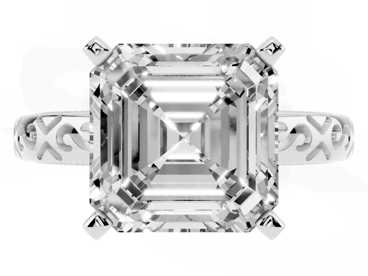 Asscher Cut Solitaire Engagement Ring with Scrollwork Band and Four-Prong Setting Silver