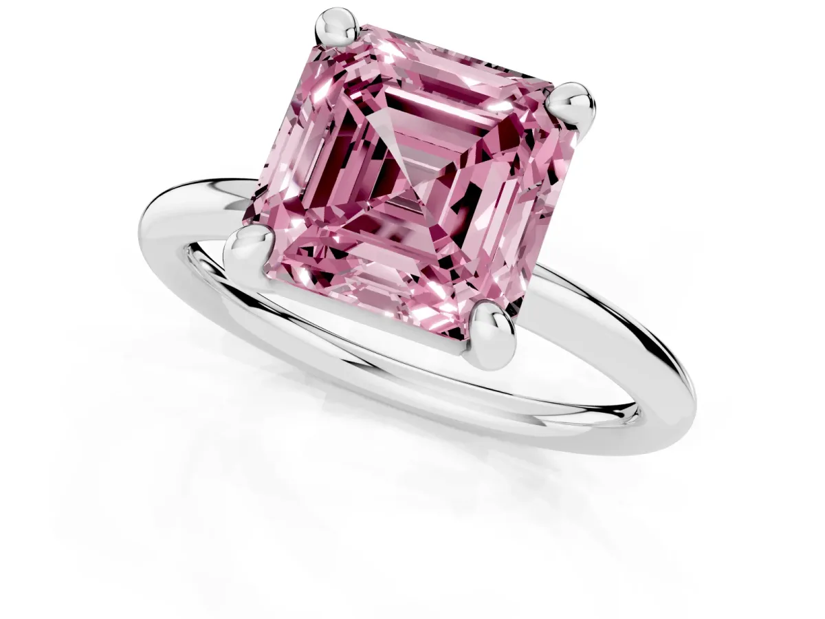 Fancy Pink Asscher Cut Solitaire Diamond Ring with Four-Prong Setting on a Plain Band Silver