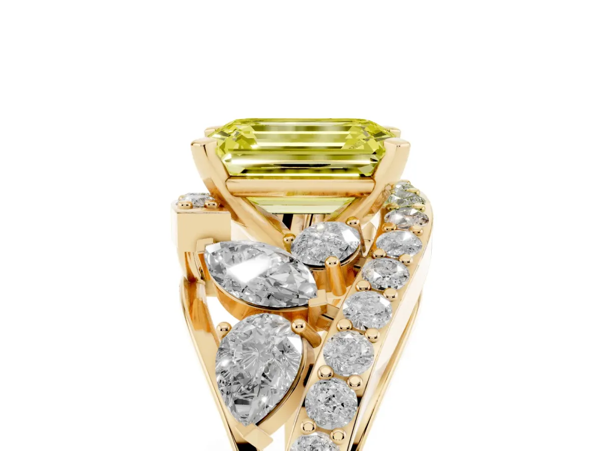 Fancy Yellow Emerald Cut Diamond Halo Ring with Marquise and Pavé Band in Prong Setting Yellow gold