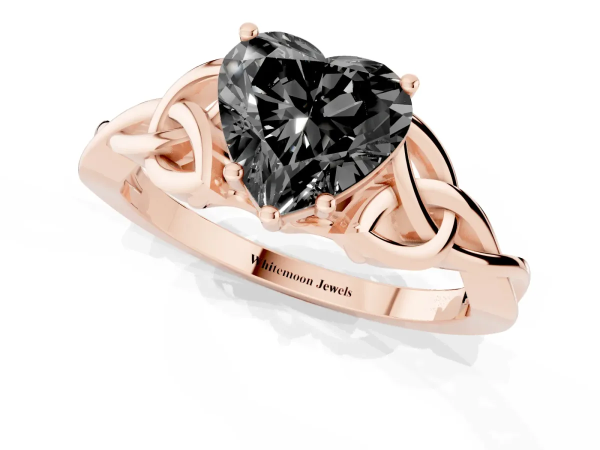 Fancy Black Heart Cut Diamond Solitaire Engagement Ring with Celtic Knot Band and Four-Prong Setting Rose gold