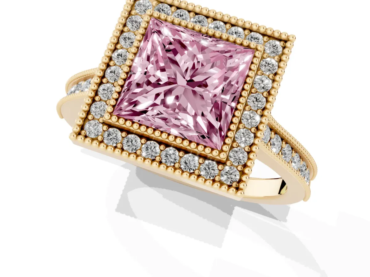 Fancy Pink Halo Princess Cut-Cut Diamond Pave Band Milgrain Prong Setting Ring Yellow gold
