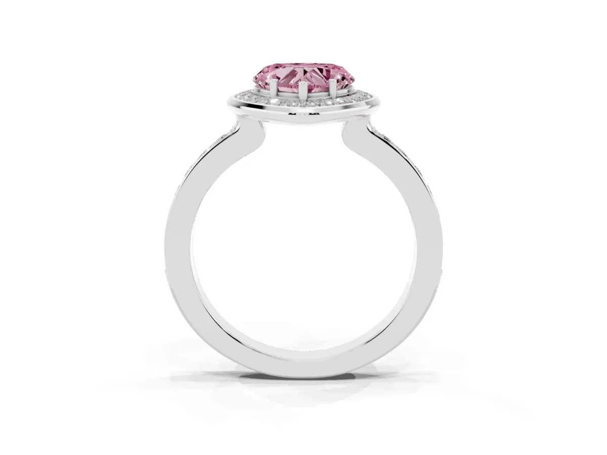 Fancy Pink Heart Cut Diamond Halo Ring with Bezel Frame and Pavé Band Silver