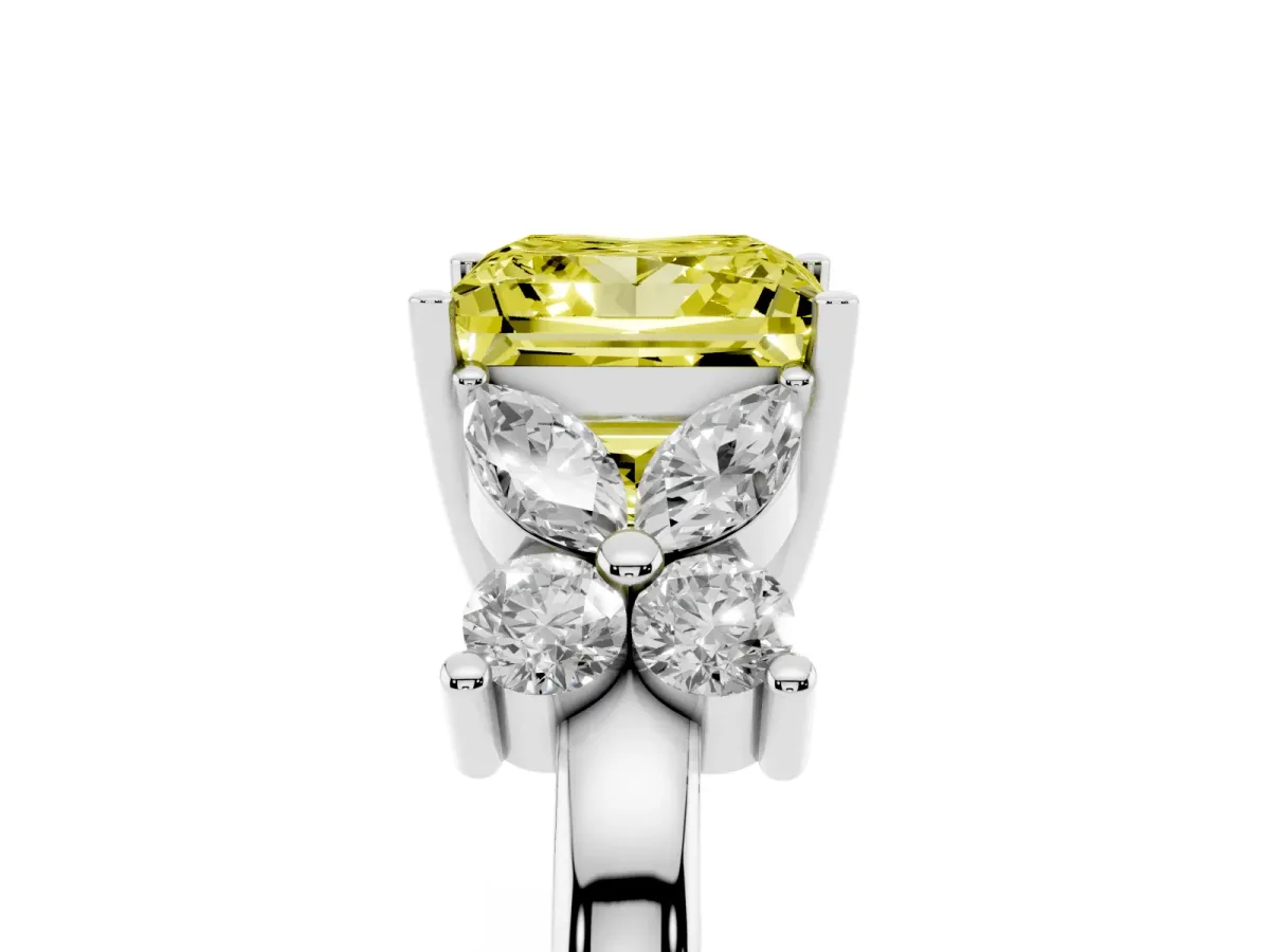 Fancy Yellow Princess Cut Diamond Floral Cluster Ring with Solitaire Band and Prong Setting Platinum