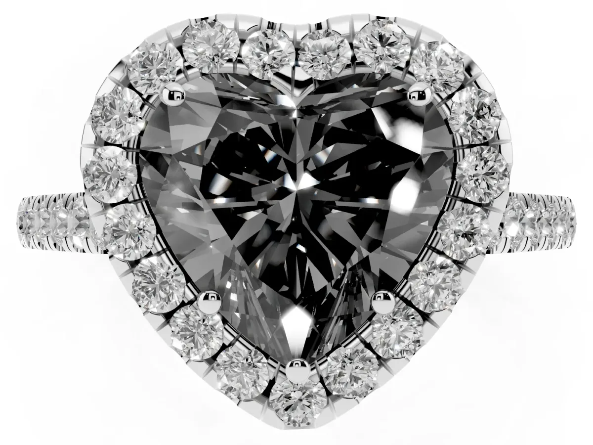 Fancy Black Heart Cut Halo Pave Diamond Engagement Ring with Four-Prong Setting Silver