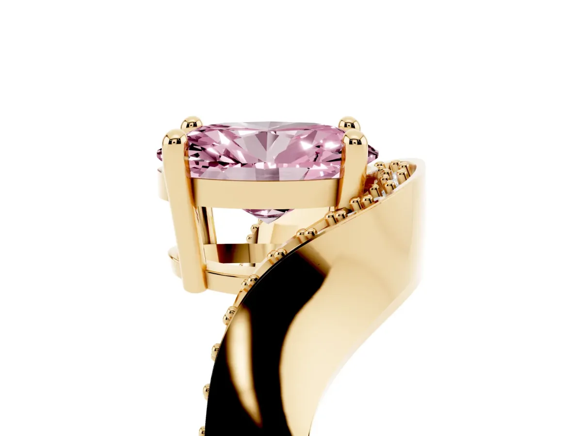 Fancy Pink Oval Cut Solitaire Diamond Engagement Ring with Pave Band and Four-Prong Setting Yellow gold