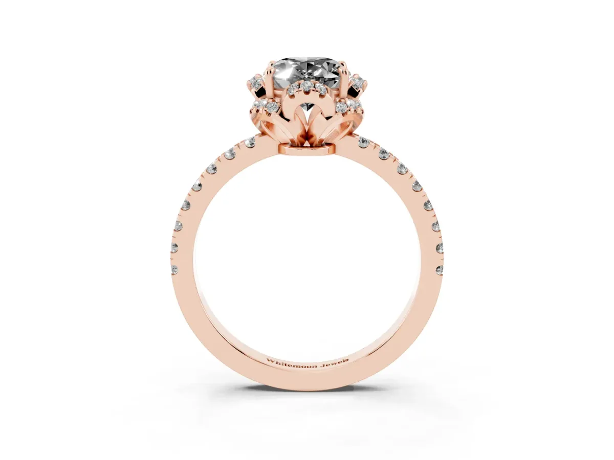 Fancy Black Oval Cut Diamond Halo Pave Band with Four-Prong Setting Rose gold