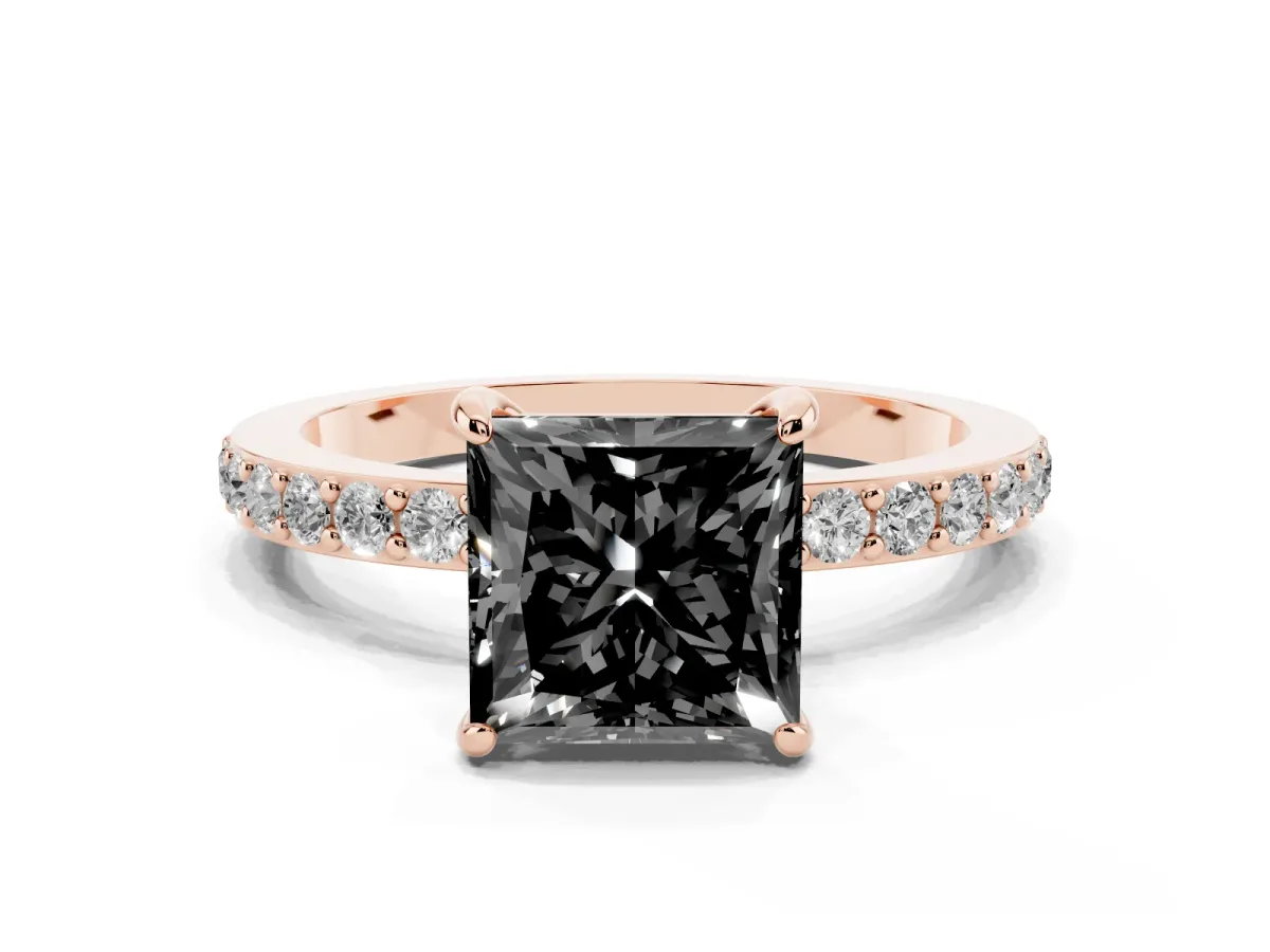 Fancy Black Princess Cut Diamond Solitaire Engagement Ring with Pavé Band and Four-Prong Setting Rose gold