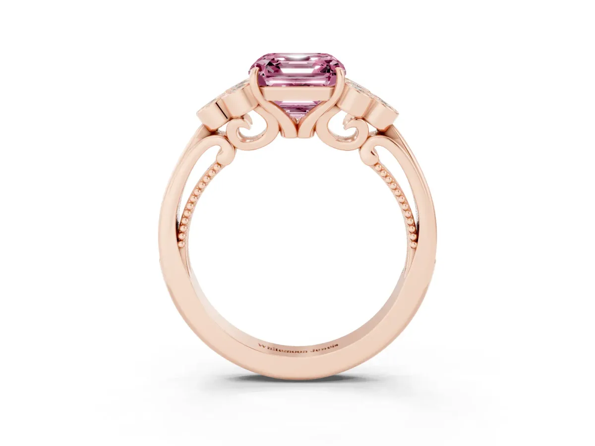 Fancy Pink Asscher Cut Cut Diamond Engagement Ring with Bezel Set Round Side Stones and Prong Setting Rose gold