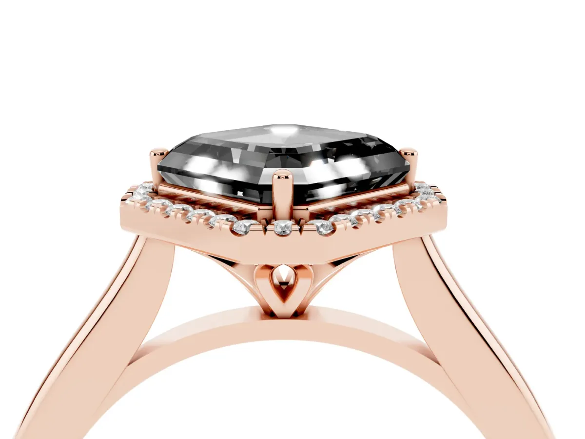 Fancy Black Asscher Cut Halo Round Diamond Solitaire Engagement Ring with Pave Band and Four-Prong Setting Rose gold