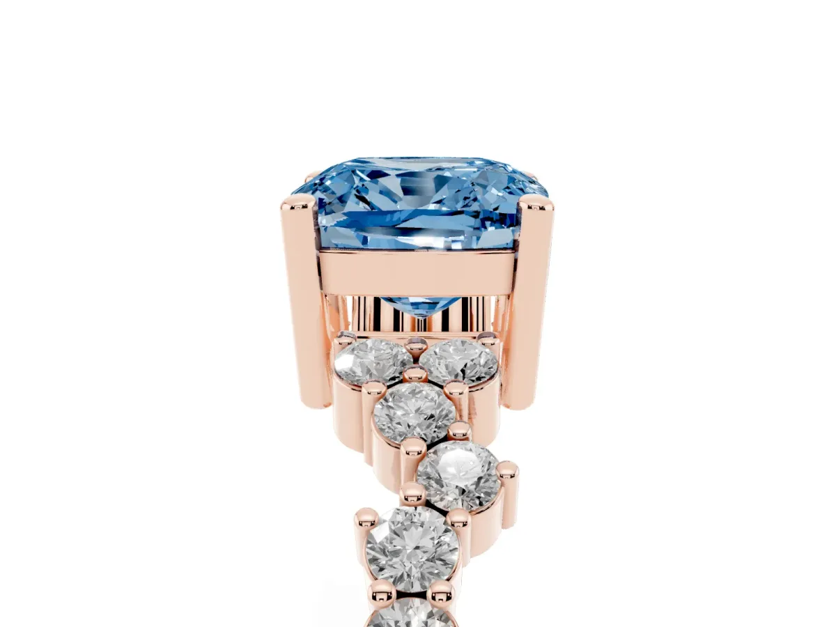 Fancy Blue Cushion Cut Diamond Scattered Round Accent Ring with Prong Setting Rose gold