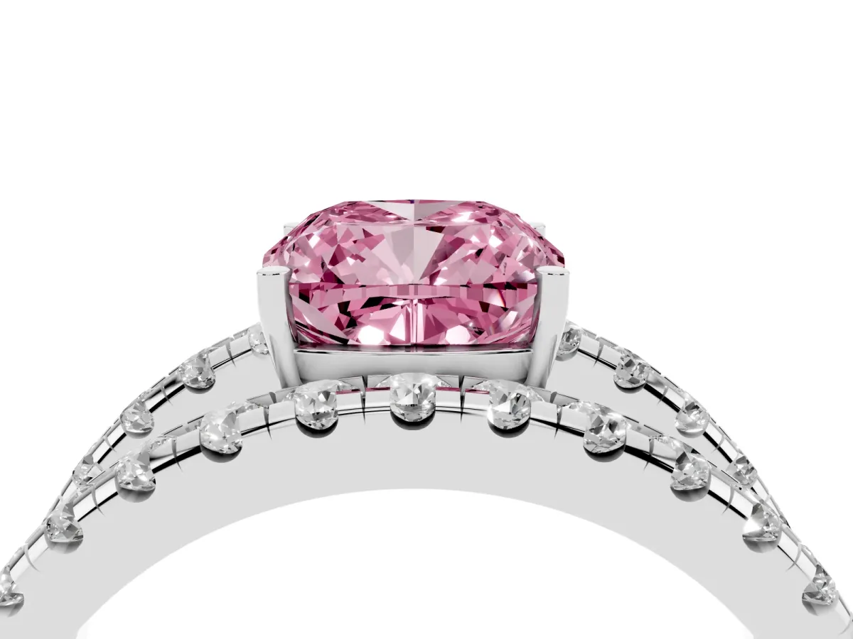 Fancy Pink Cushion Cut Solitaire Split Shank Pave Diamond Ring Silver