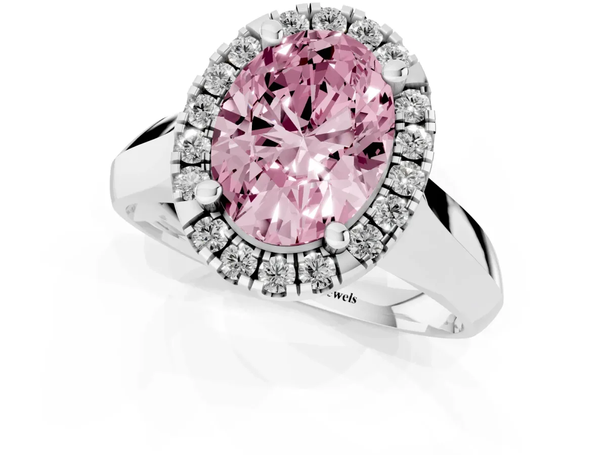 Fancy Pink Oval Cut Cut Halo Solitaire Engagement Ring with Square Band and Four-Prong Setting Silver