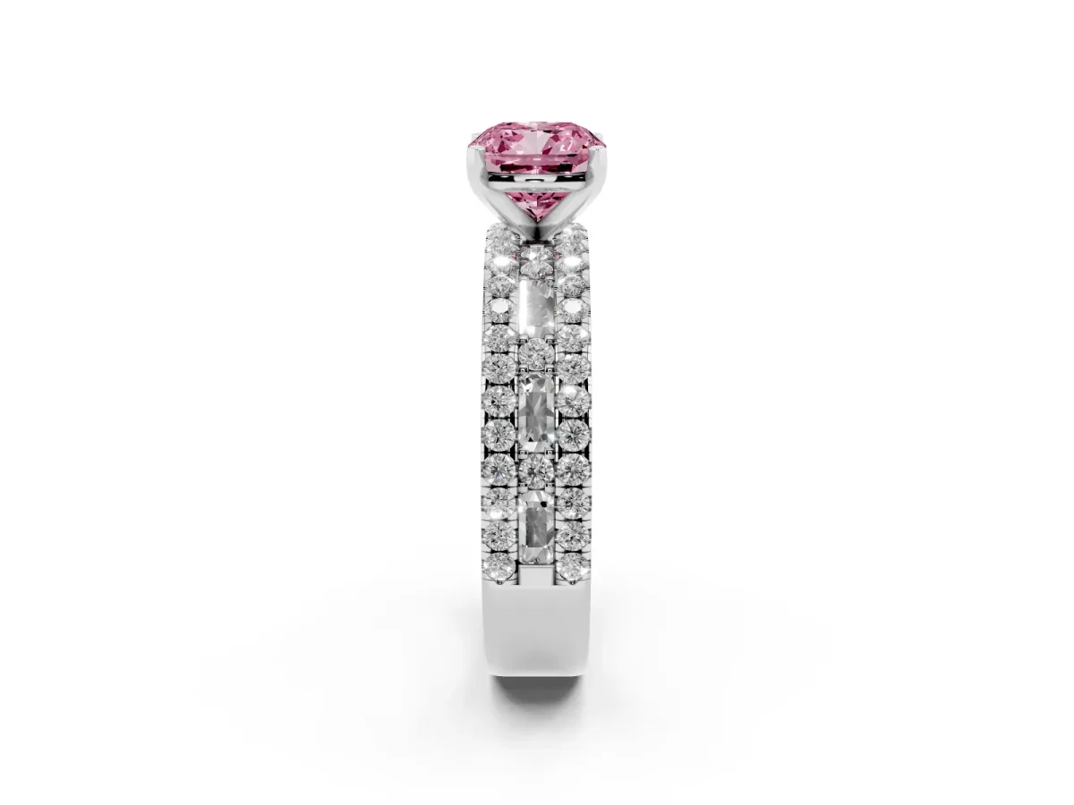 Fancy Pink Cushion Cut Diamond Solitaire Ring with Pavé and Channel Set Band Platinum
