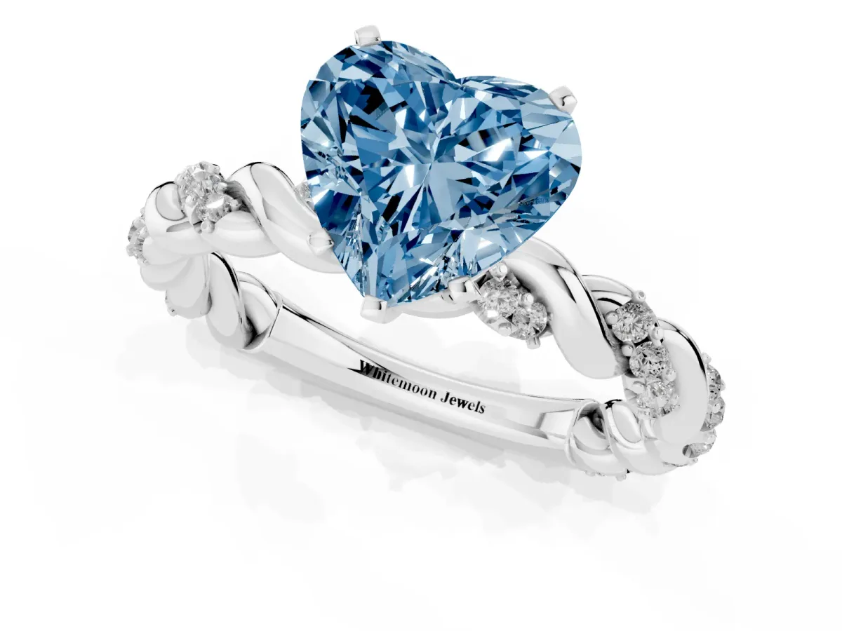 Fancy Blue Heart Cut Diamond Solitaire Ring with Twisted Band and Pavé Accents Silver