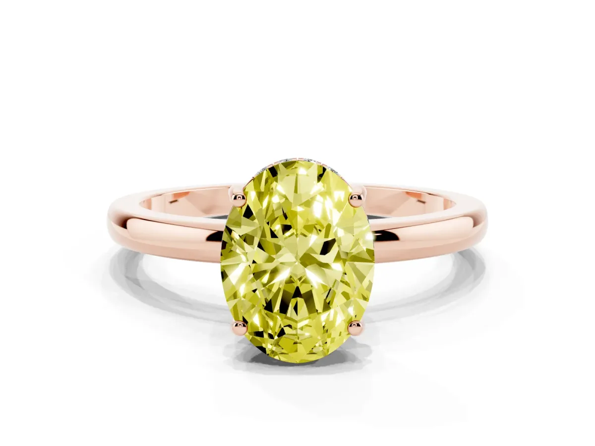 Fancy Yellow Oval Cut Solitaire Diamond Ring with Prong Setting and Plain Band Rose gold