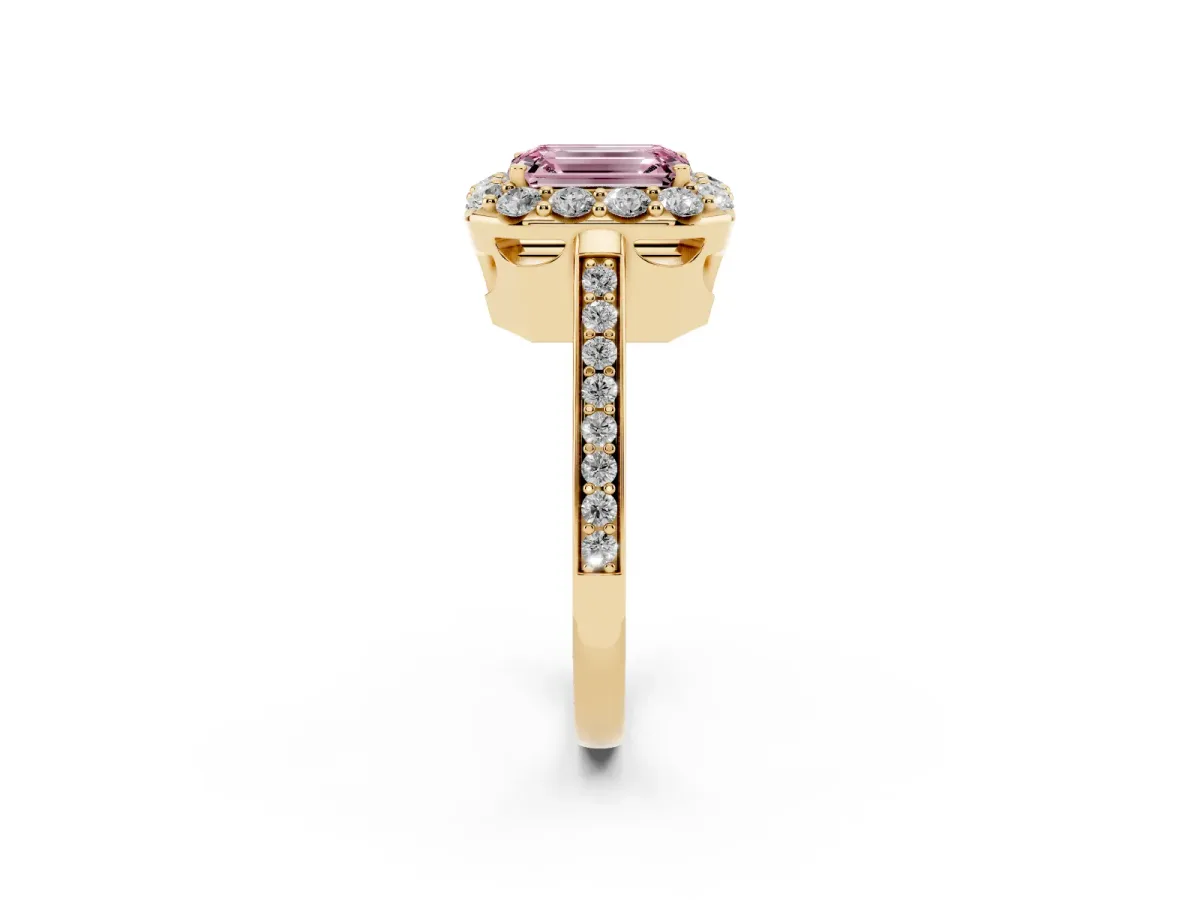 Fancy Pink Emerald Cut Diamond Floral Halo Ring with Pavé Band and Prong Setting Yellow gold