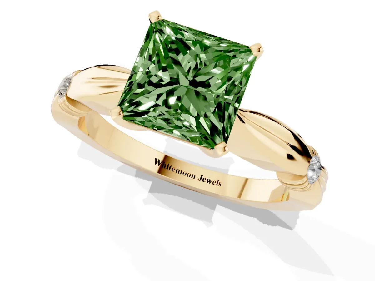 Fancy Green Princess Cut Solitaire Diamond Twisted Band with Four-Prong Setting Yellow gold