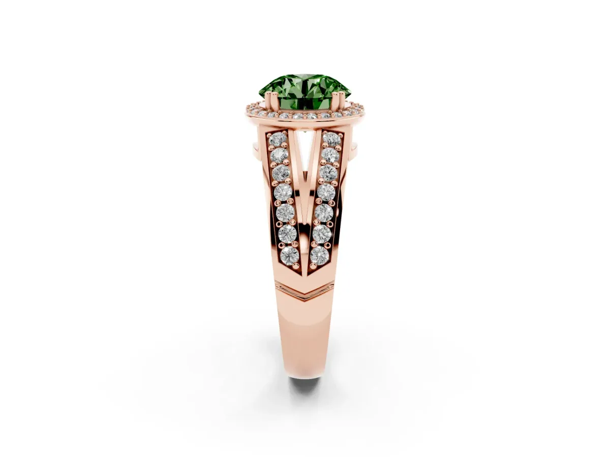 Fancy Green Round Cut Diamond Halo Ring with Split Shank Pavé Band and Four-Prong Setting Rose gold