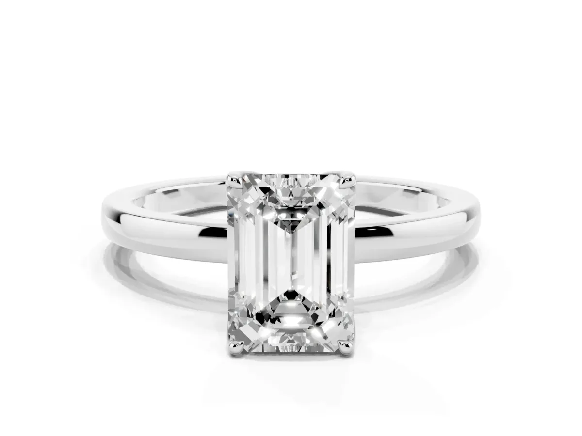 Emerald Cut Diamond Solitaire Ring with Thin Band and Prong Setting Silver