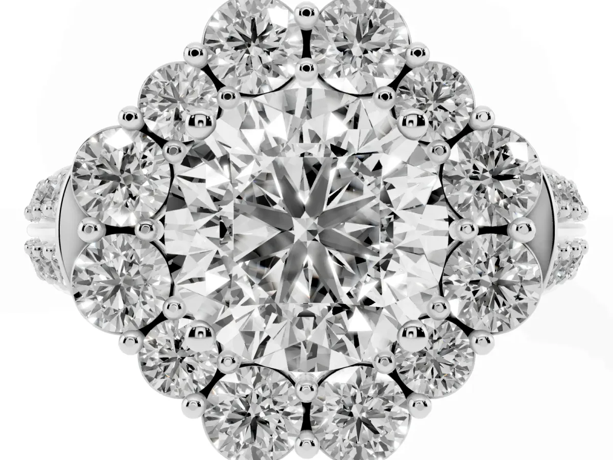 Round Cut Halo Diamond Engagement Ring with Split Shank and Prong Setting Silver