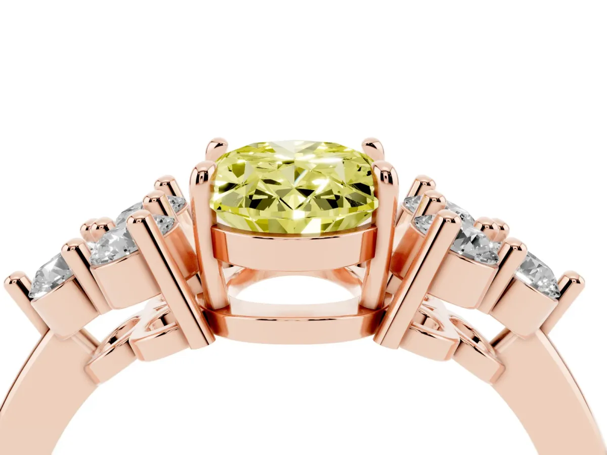 Fancy Yellow Oval Cut Brilliant Diamond Cluster Accent Solitaire Ring with Prong Setting Rose gold