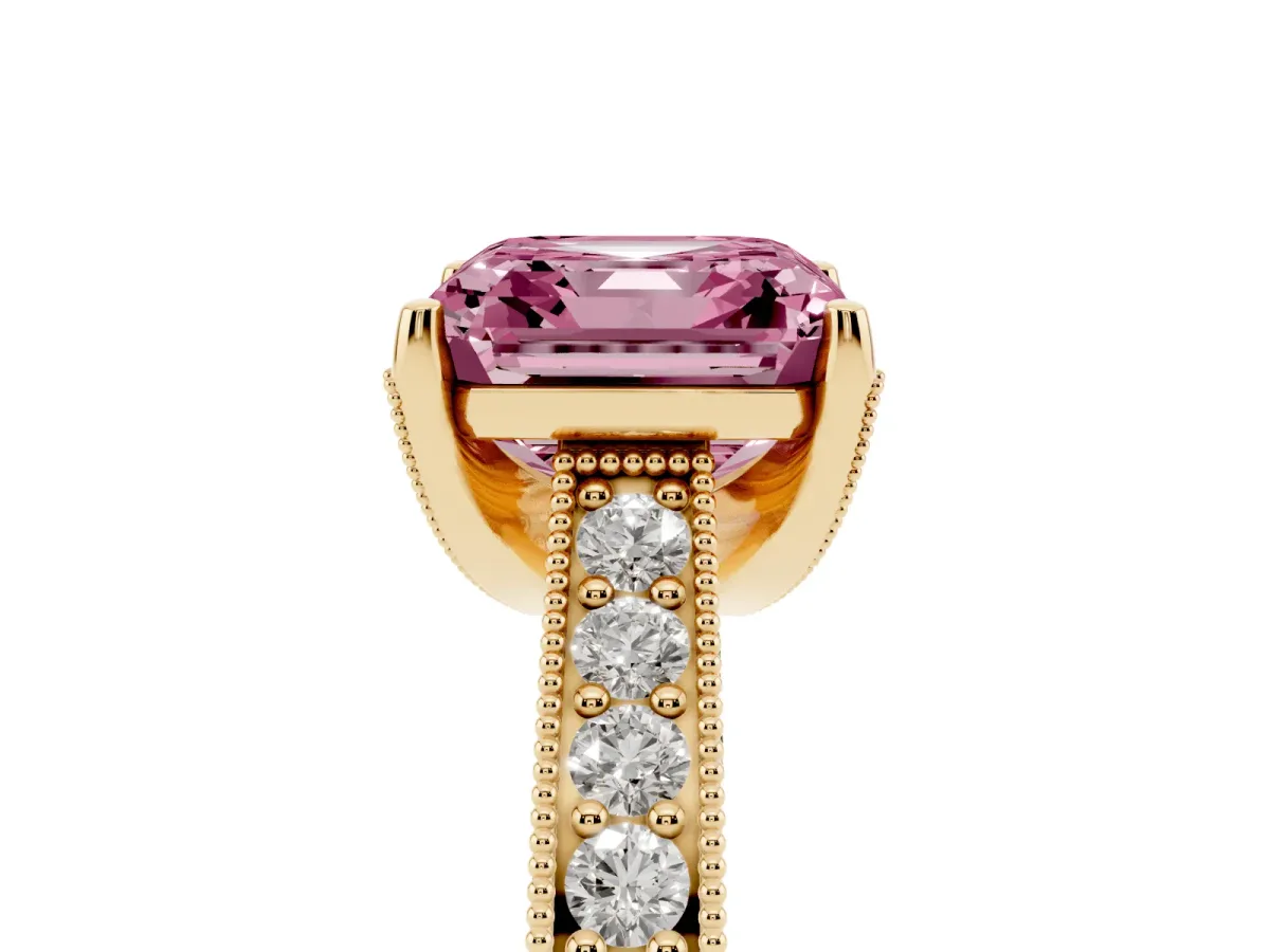 Fancy Pink Asscher Cut Cut Diamond Solitaire Ring with Milgrain Pave Band and Four Prong Setting Yellow gold