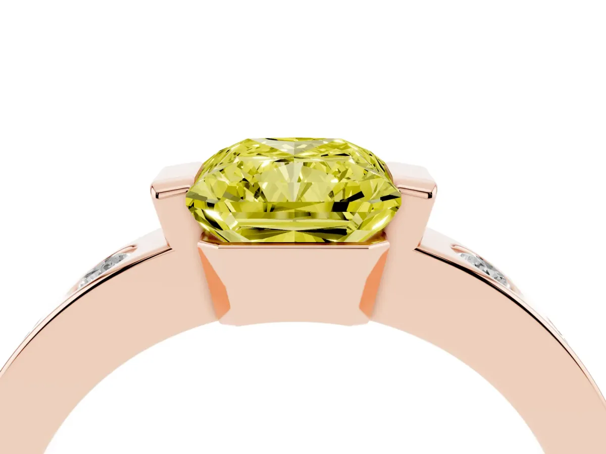 Fancy Yellow Radiant Cut Brilliant Channel-Set Diamond Ring with Bezel Prong Setting Rose gold
