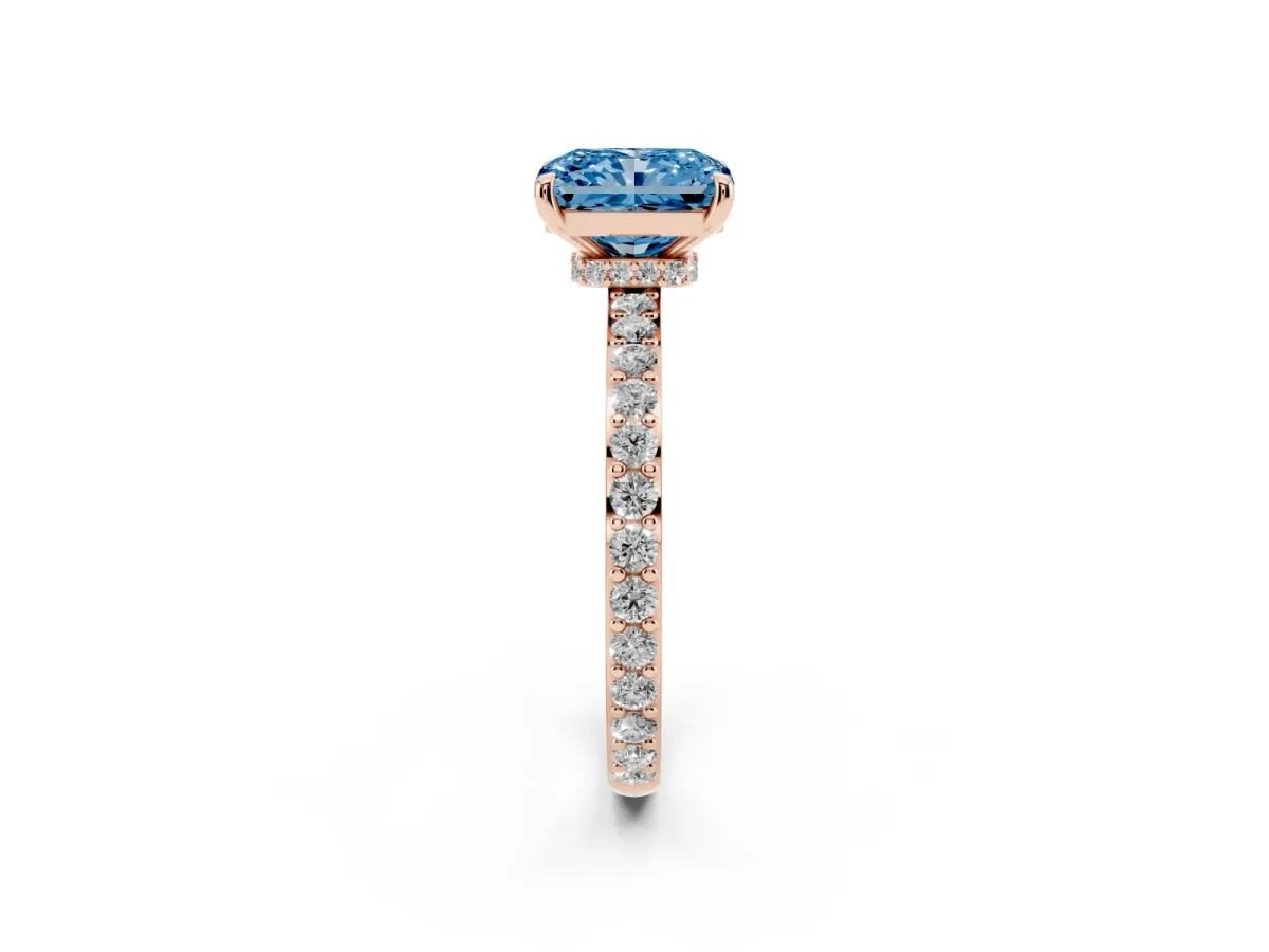 Fancy Blue Radiant Cut Diamond Pavé Engagement Ring with Round Accents and Prong Setting Rose gold