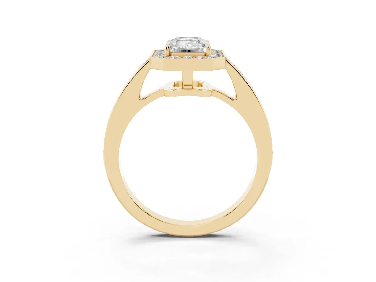 Emerald Cut Halo Pavé Diamond Engagement Ring with Bezel Setting Yellow gold
