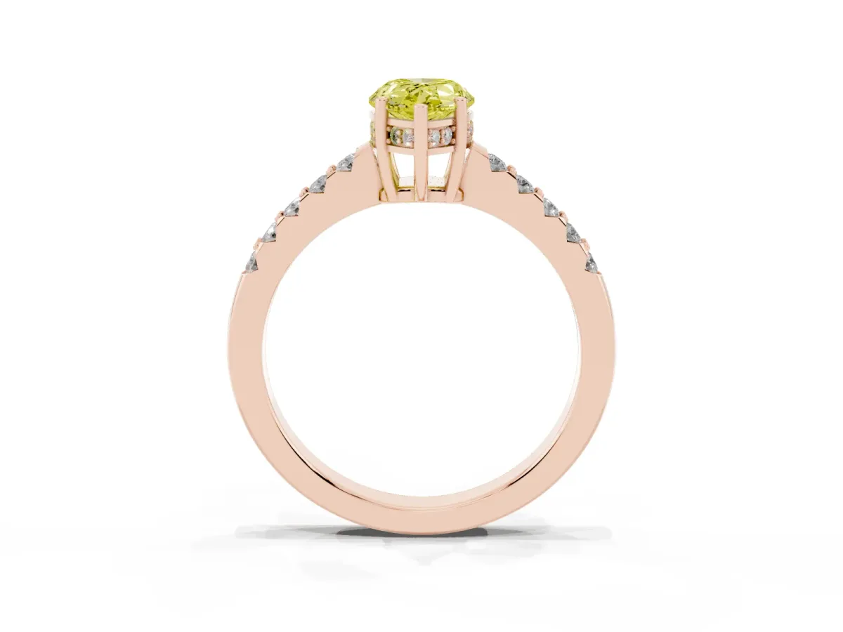 Fancy Yellow Pear Cut Solitaire Diamond Engagement Ring with Pavé Band and Six-Prong Setting Rose gold