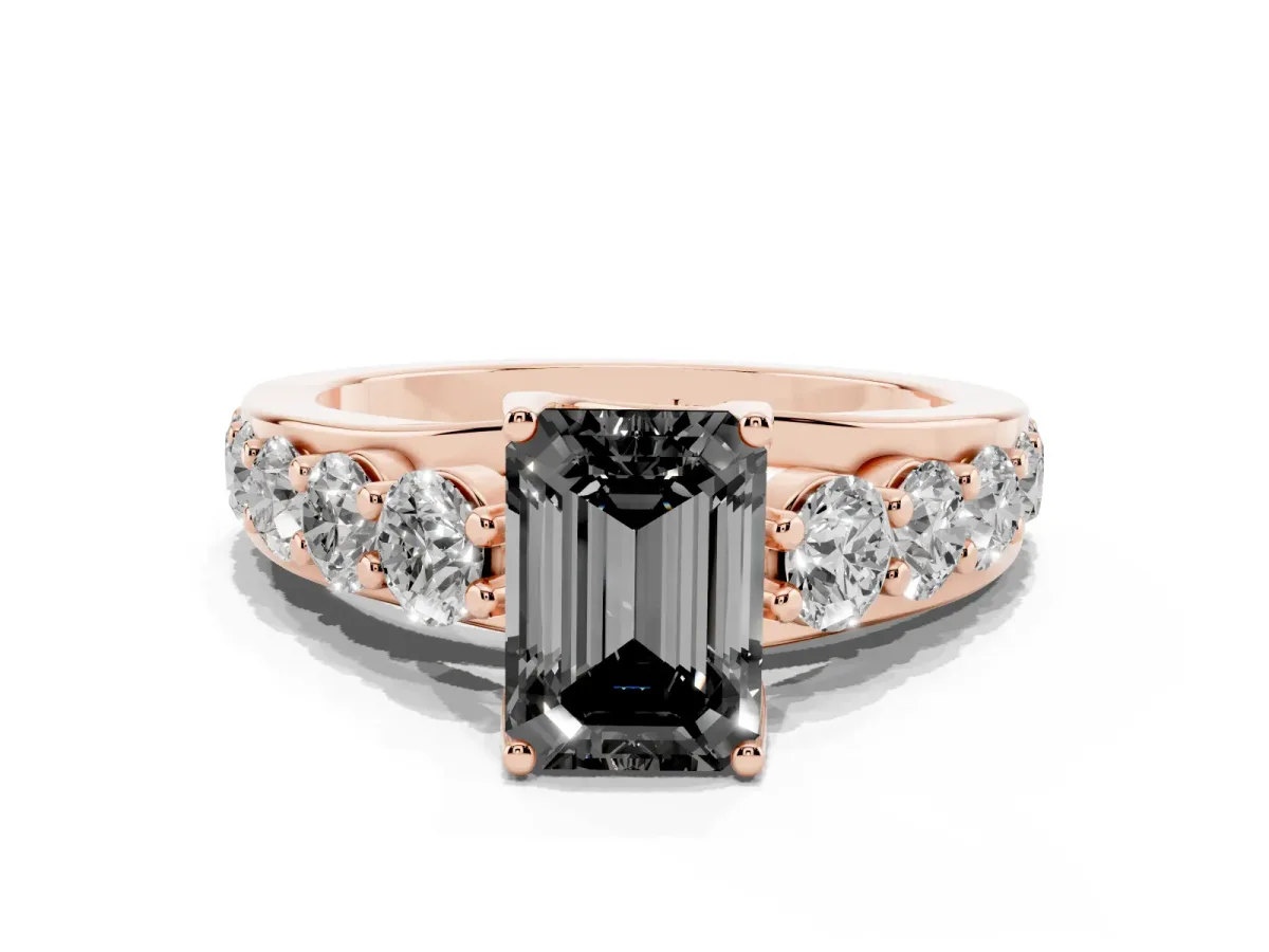 Fancy Black Emerald Cut Diamond Engagement Ring with Pavé Band and Four-Prong Setting Rose gold