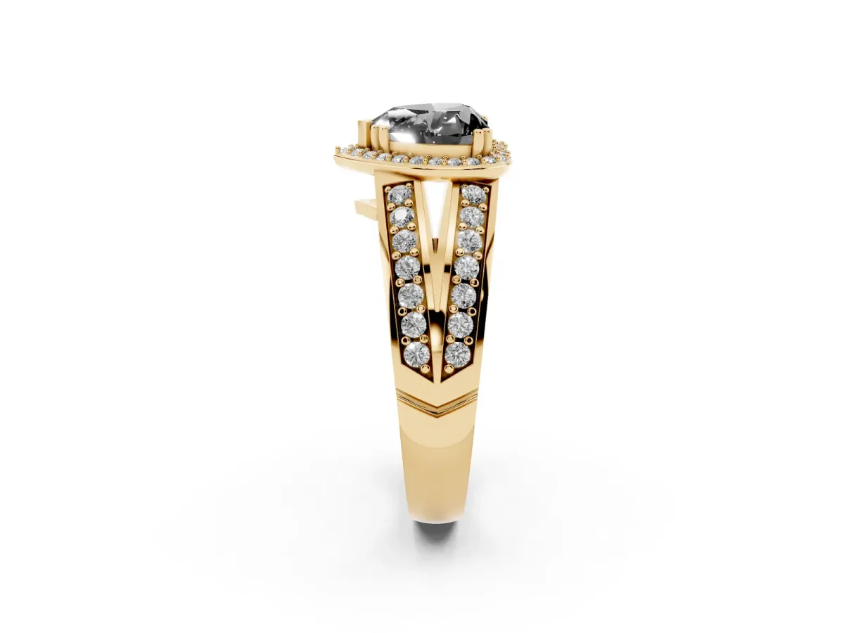 Fancy Black Heart Cut Diamond Halo Ring with Split Shank Pavé Band and Four-Prong Setting Yellow gold