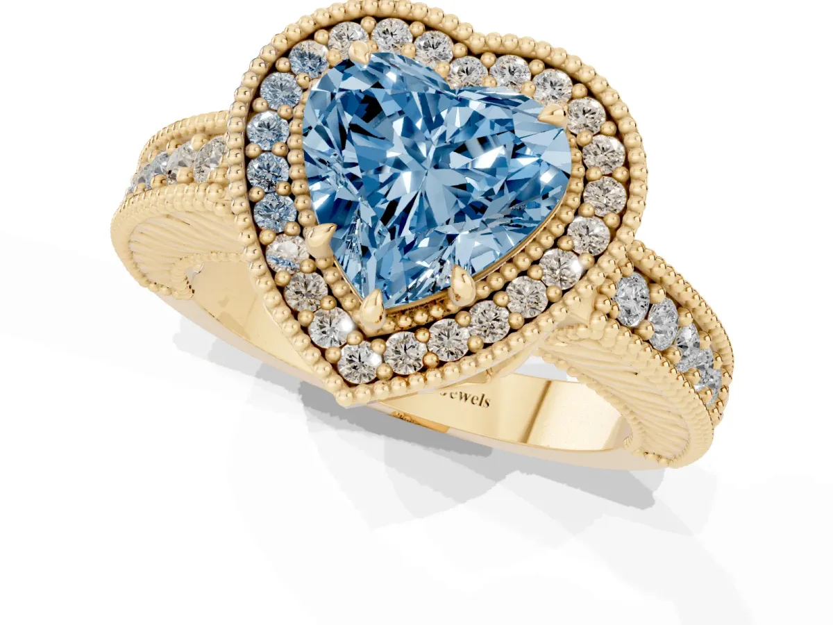 Fancy Blue Heart Cut Cut Halo Diamond Ring with Pavé Band and Four-Prong Setting Yellow gold