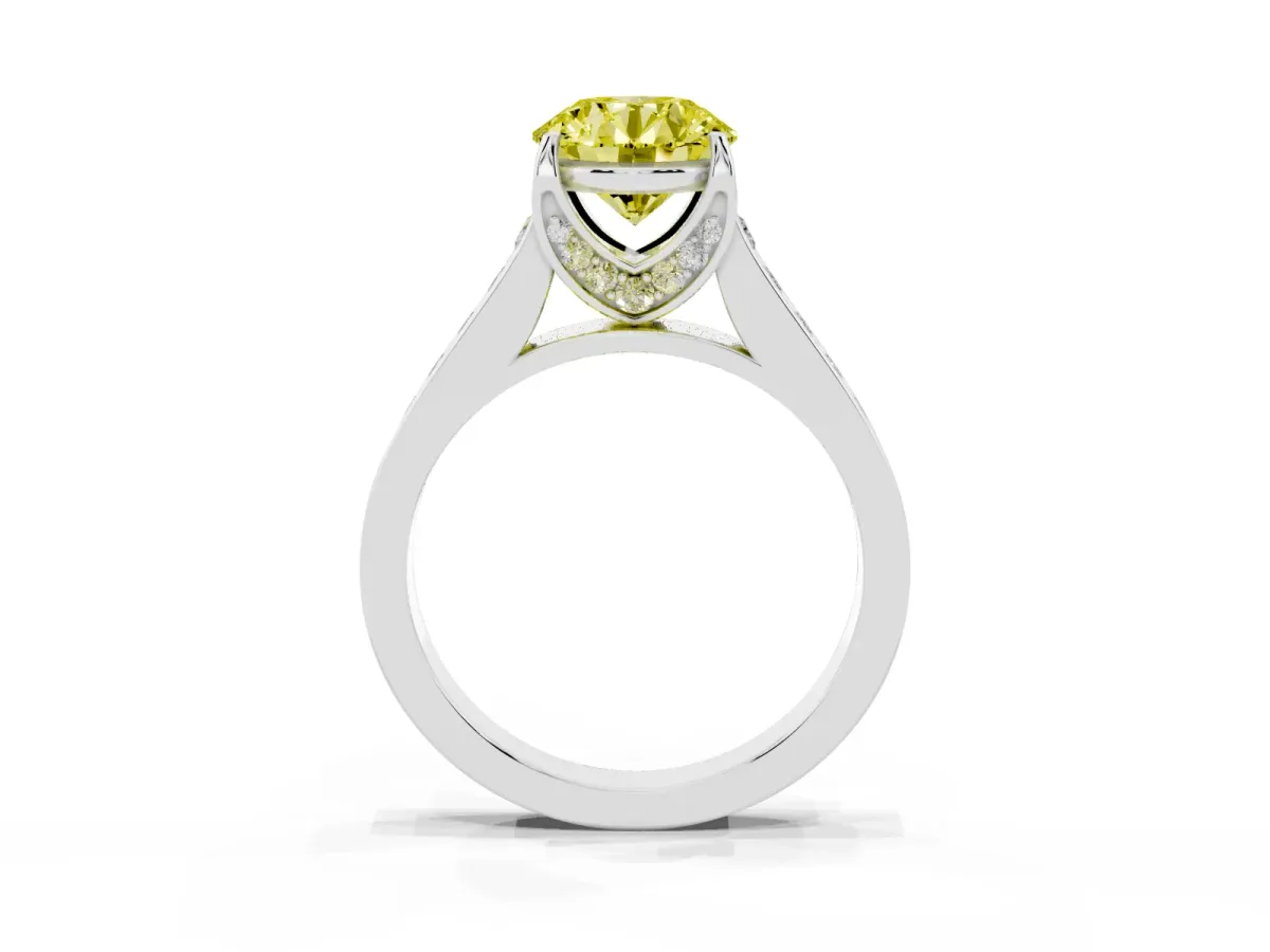 Fancy Yellow Round Cut Brilliant Cut Diamond Engagement Ring with Pavé Band and Four-Prong Setting Platinum