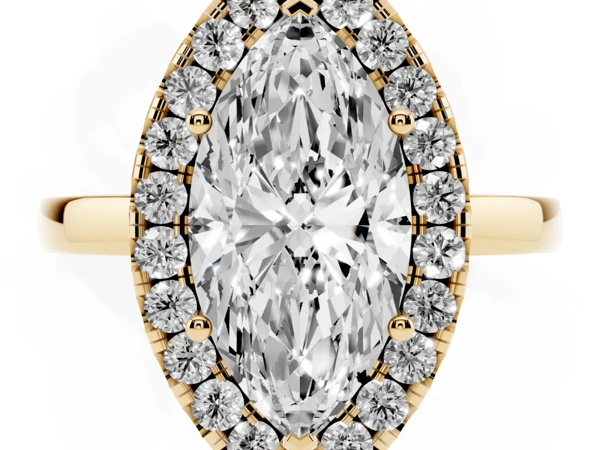 Marquise Cut Halo Diamond Solitaire with Pavé Band and Four-Prong Setting Yellow gold