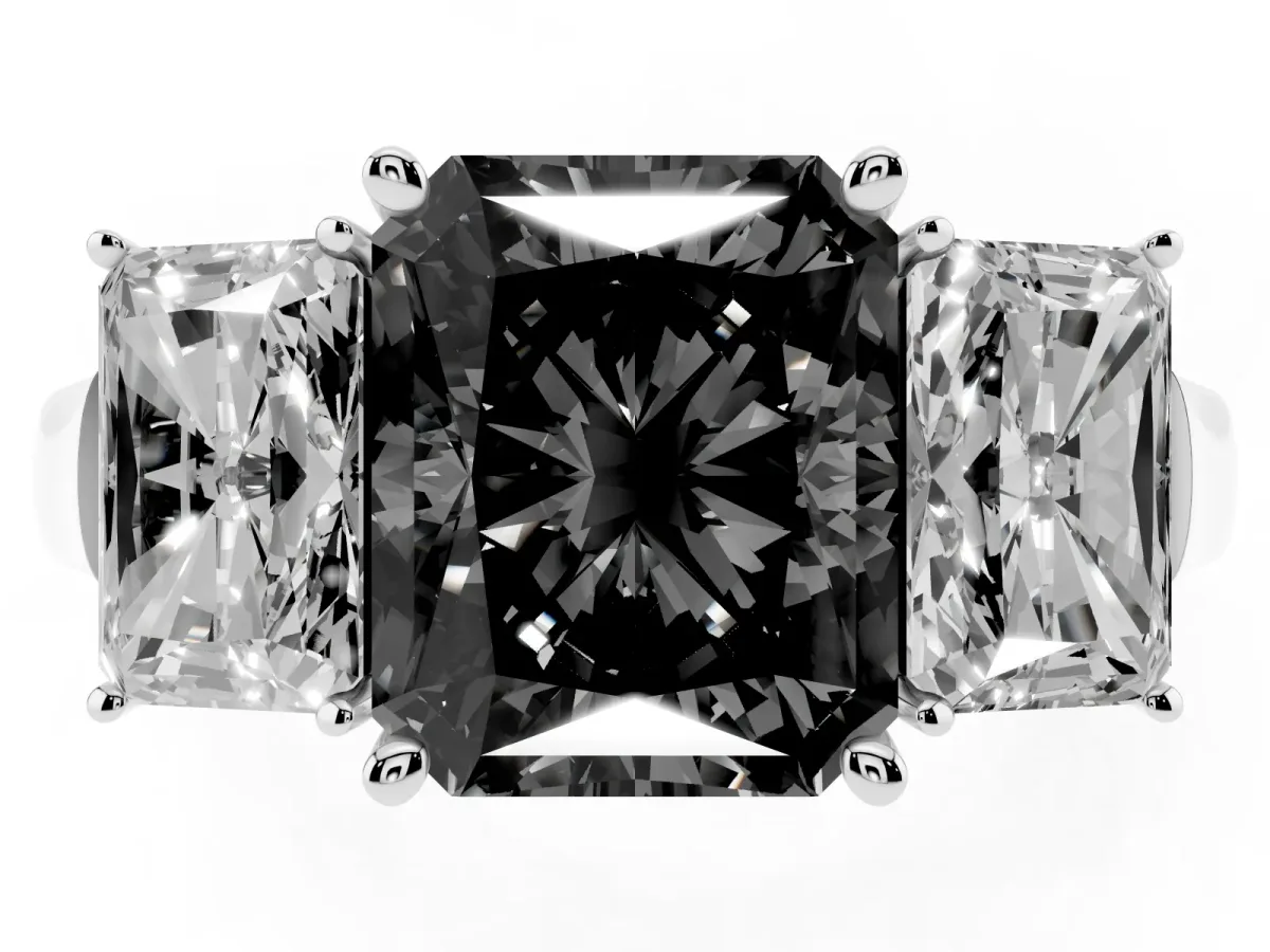 Fancy Black Three-Stone Radiant Cut Brilliant Diamond Trellis Ring with Comfort Fit Band Platinum