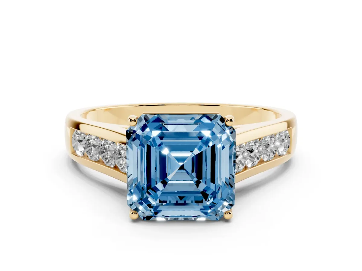 Fancy Blue Asscher Cut Brilliant Channel-Set Solitaire Ring with Four-Prong Setting Yellow gold