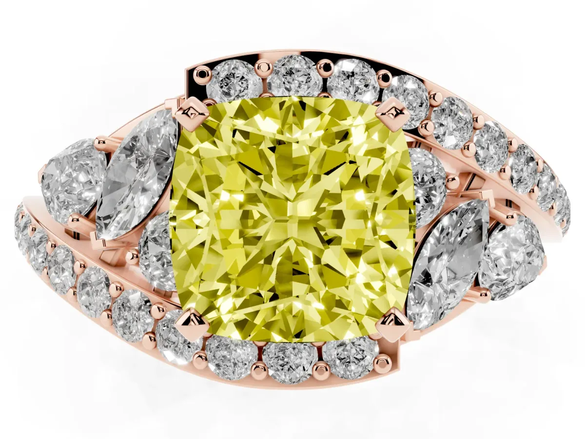 Fancy Yellow Cushion Cut Diamond Halo Ring with Marquise and Pavé Band in Prong Setting Rose gold