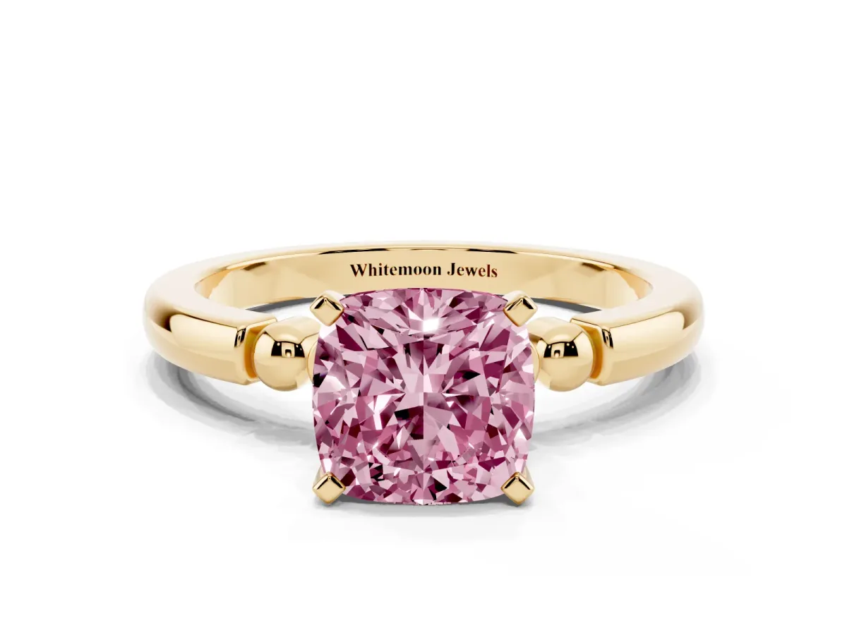 Fancy Pink Cushion Cut Solitaire Beaded Band with Four-Prong Setting Yellow gold
